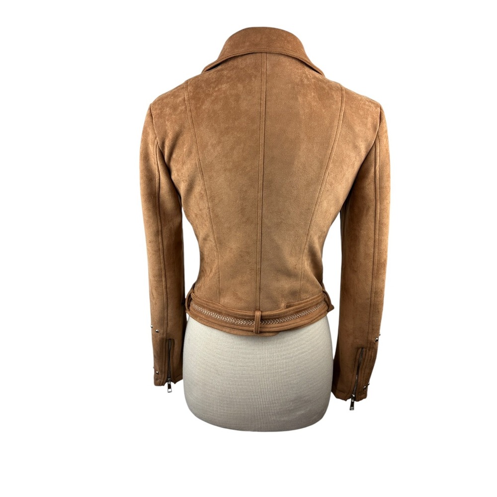 BKE Faux Suede Studded Stretch Asymmetrical Zip Moto Jacket Chestnut Brown Small - Picture 9 of 14